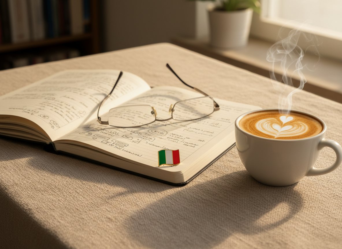 An Italian notebook, glasses and a cappuccino on a table