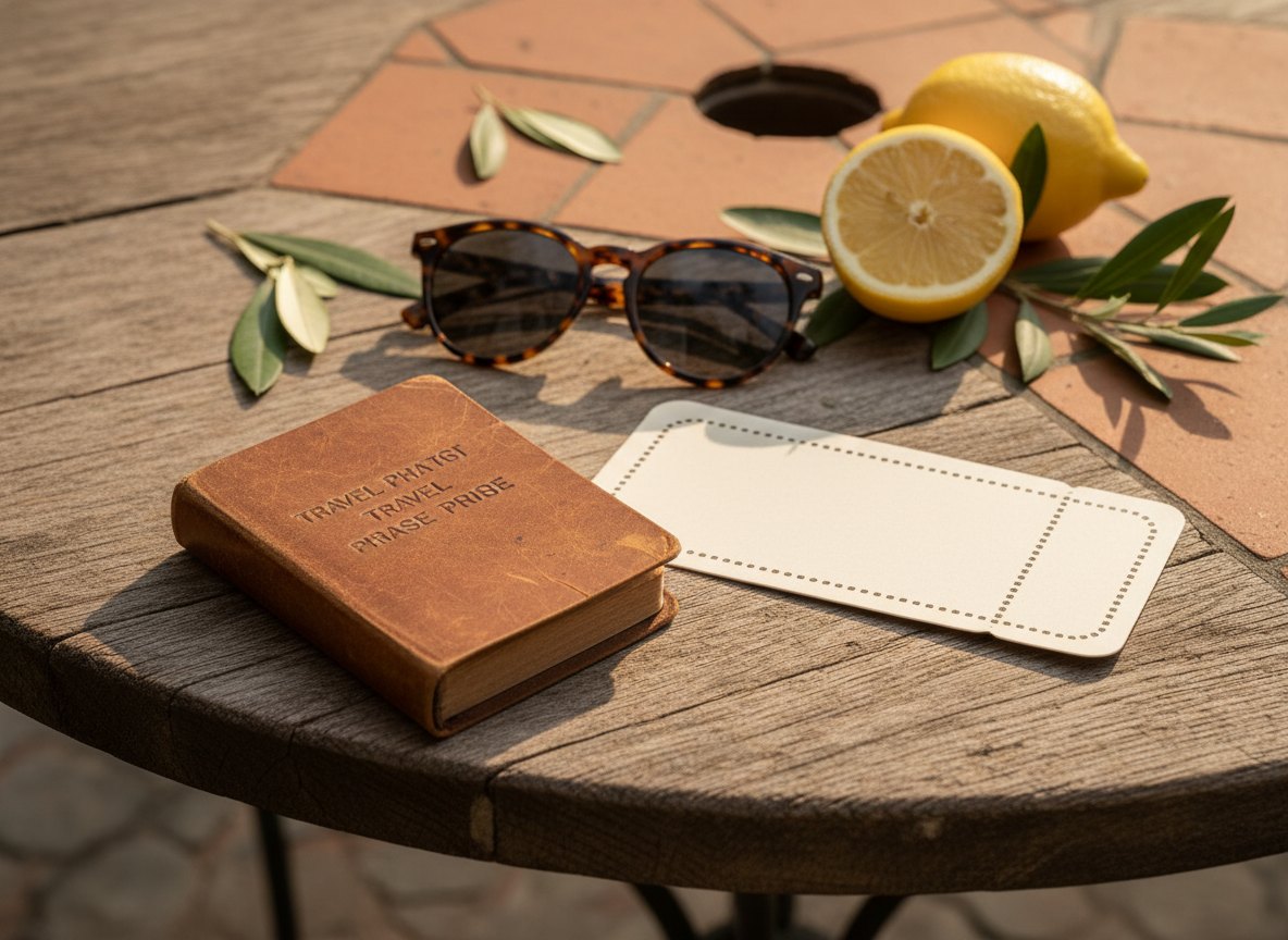 A leather travel phrasebook on a café table in Italy