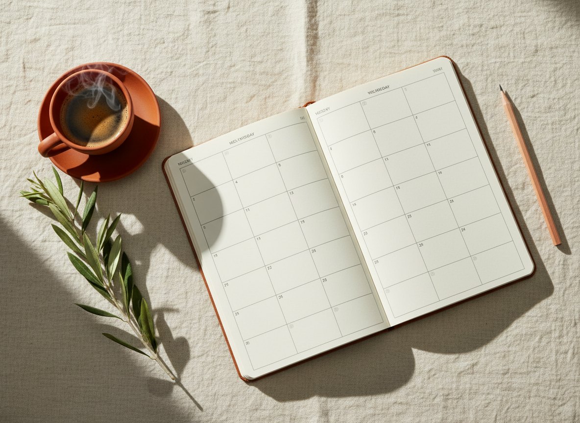 An open weekly planner with a pencil and an espresso