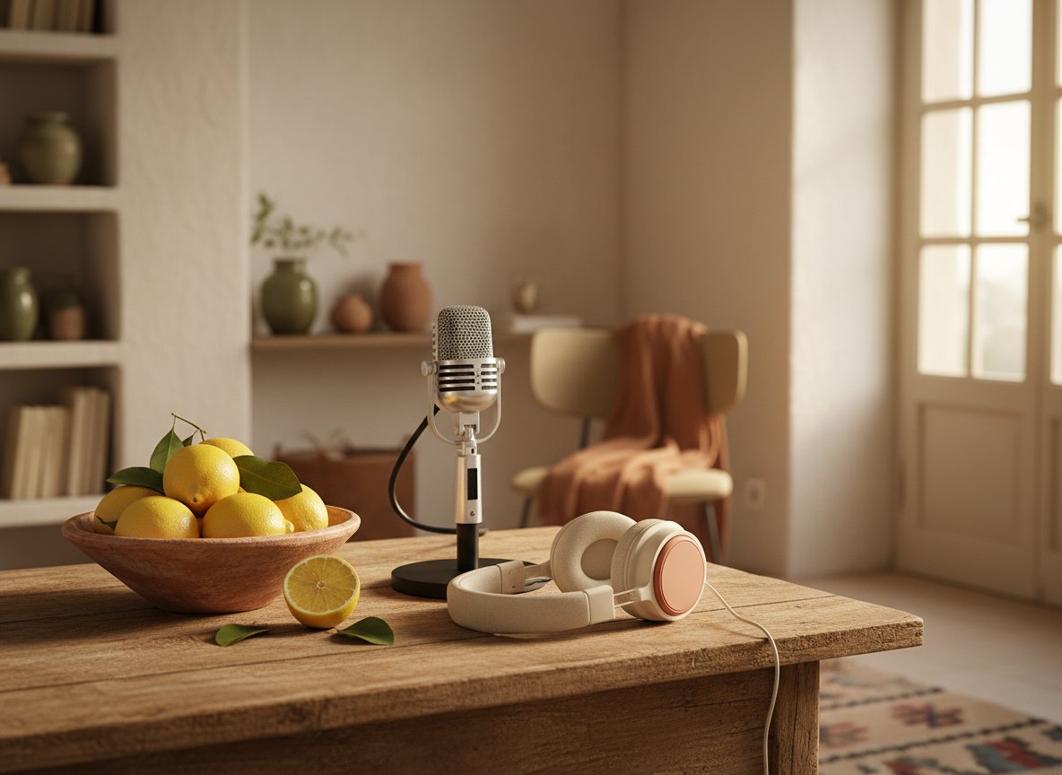 A microphone and headphones on a desk with lemons