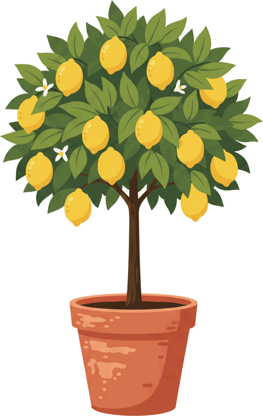 A lemon tree full of fruit in a terracotta pot