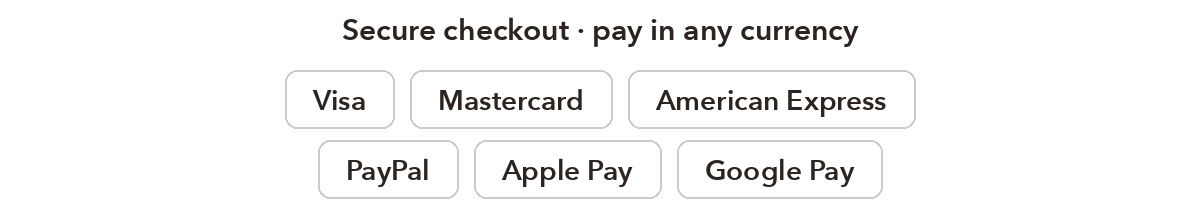 Payment methods: Visa, Mastercard, American Express, PayPal, Apple Pay, Google Pay