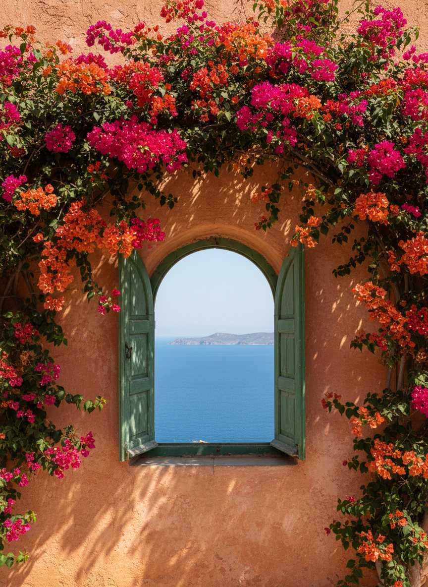 A Mediterranean window framed by bougainvillea, opening on the sea