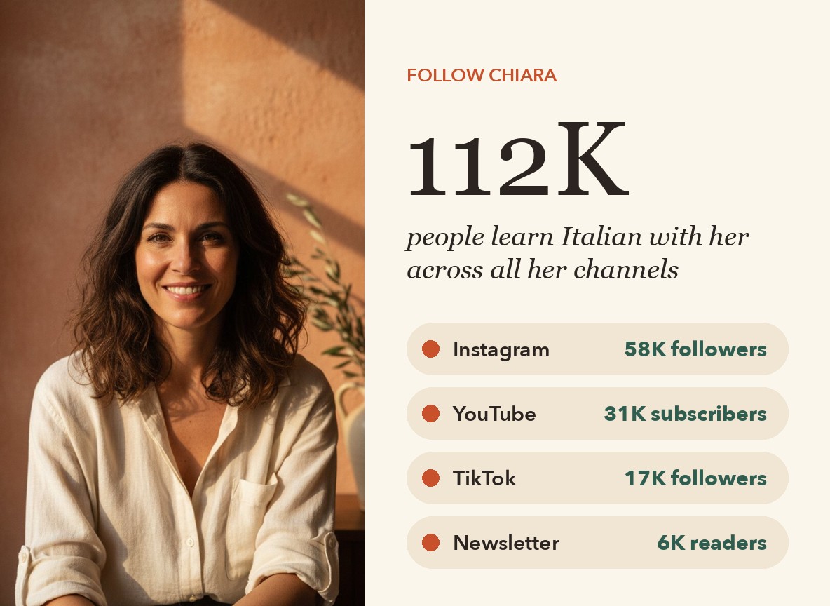 Chiara and her community: 112K followers across Instagram, YouTube, TikTok and her newsletter